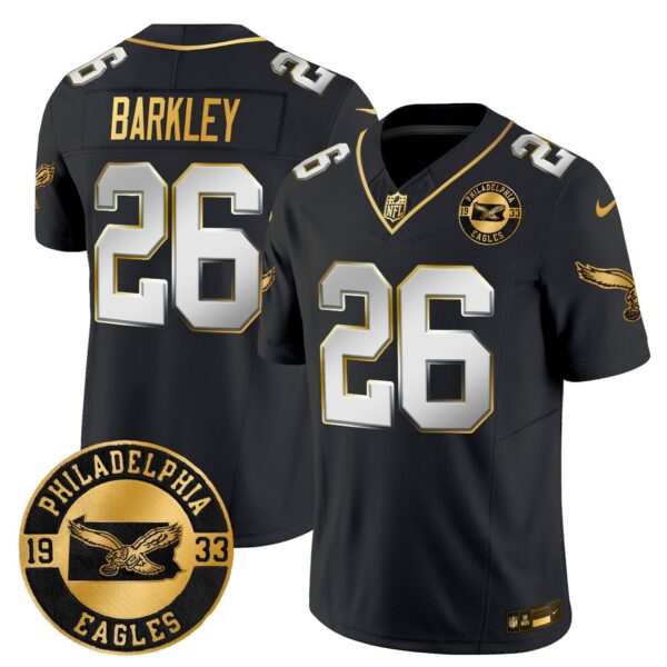Philadelphia Eagles 2024 Throwback Gold Vapor Limited Jersey – Est. 1933 Patch – All Stitched – Black Limited – Saquon Barkley Jersey