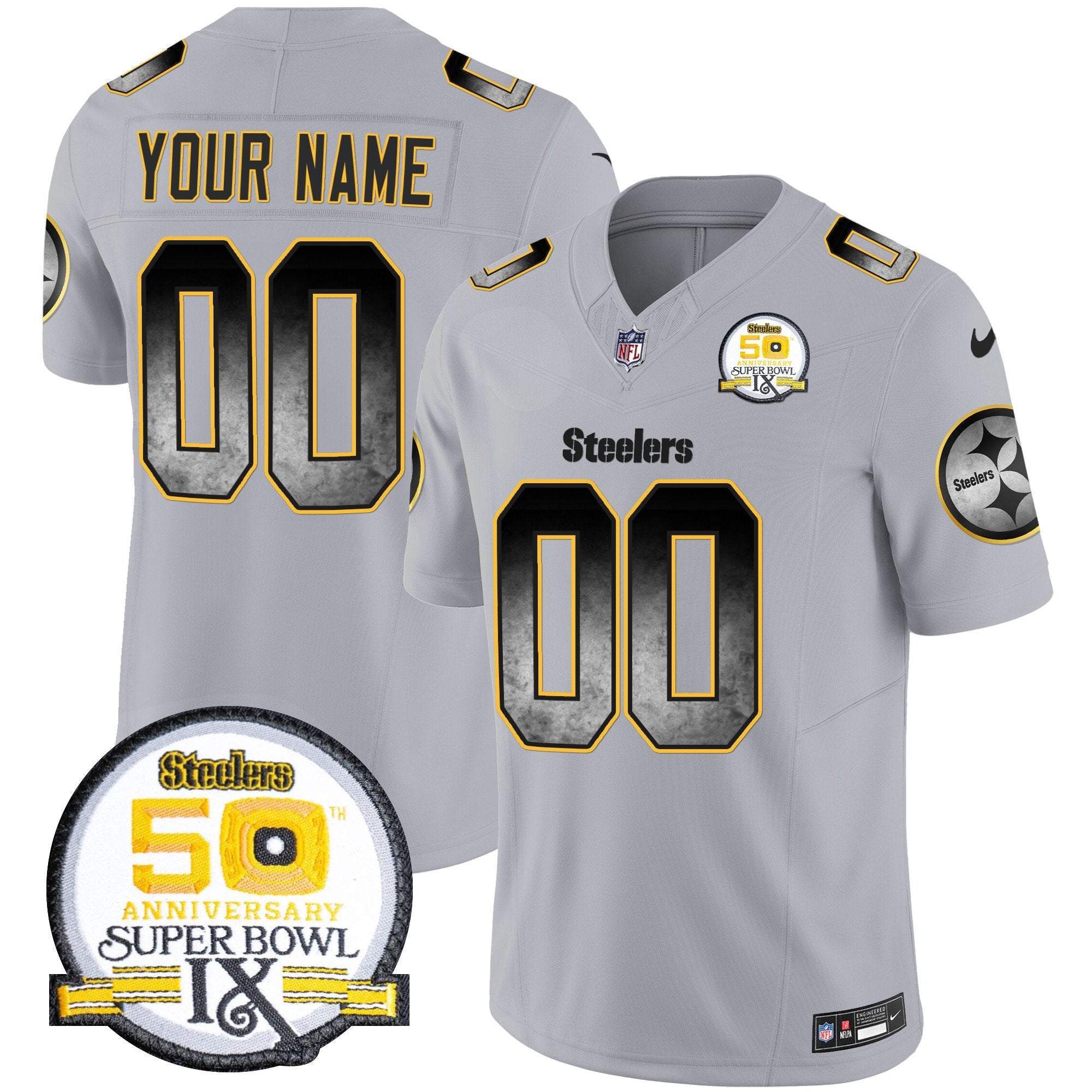 Steelers Arch Smoke 50th Anniversary Of Super Bowl IX Patch Vapor Limited Custom Jersey – All Stitched – Gray Jersey