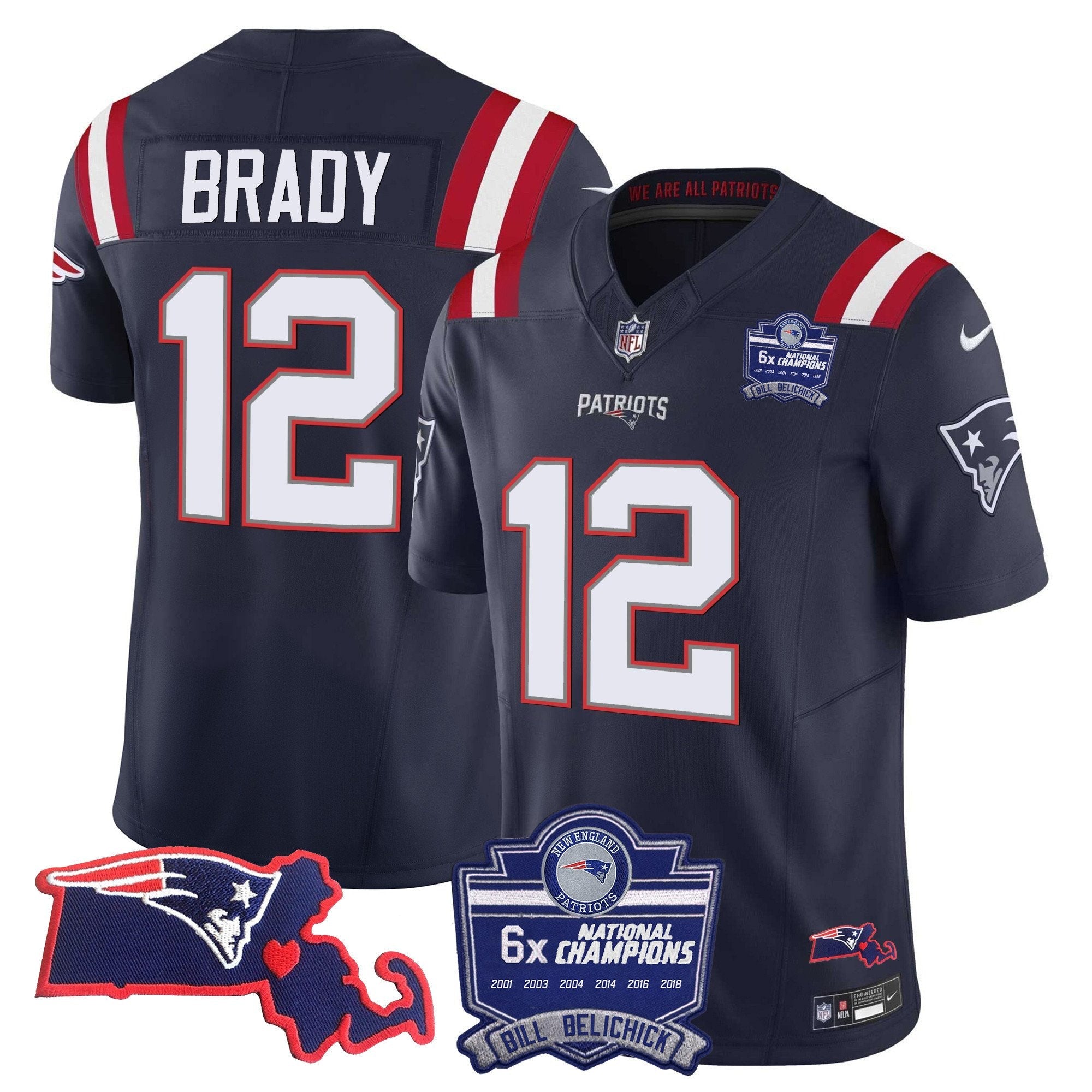 Patriots Bill Belichick 6x Champions Patch Vapor Jersey – All Stitched – Navy – Tom Brady Jersey