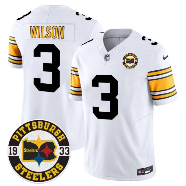 Steelers 2024 Vapor Limited Jersey – Est 1933 Patch – All Stitched – 1975 White – Russell Wilson Jersey