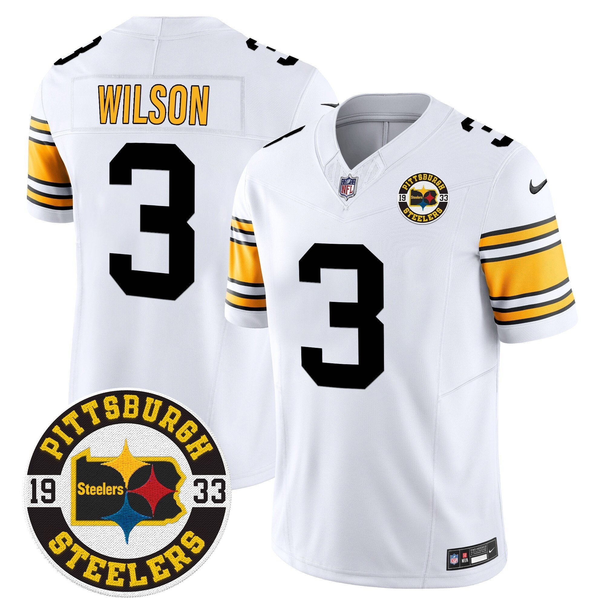 Steelers 2024 Vapor Limited Jersey – Est 1933 Patch – All Stitched – 1975 White – Russell Wilson Jersey