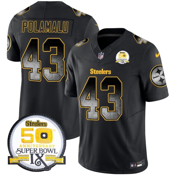 Steelers Arch Smoke 50th Anniversary Of Super Bowl IX Patch Vapor Limited Jersey – All Stitched – Black – Troy Polamalu Jersey