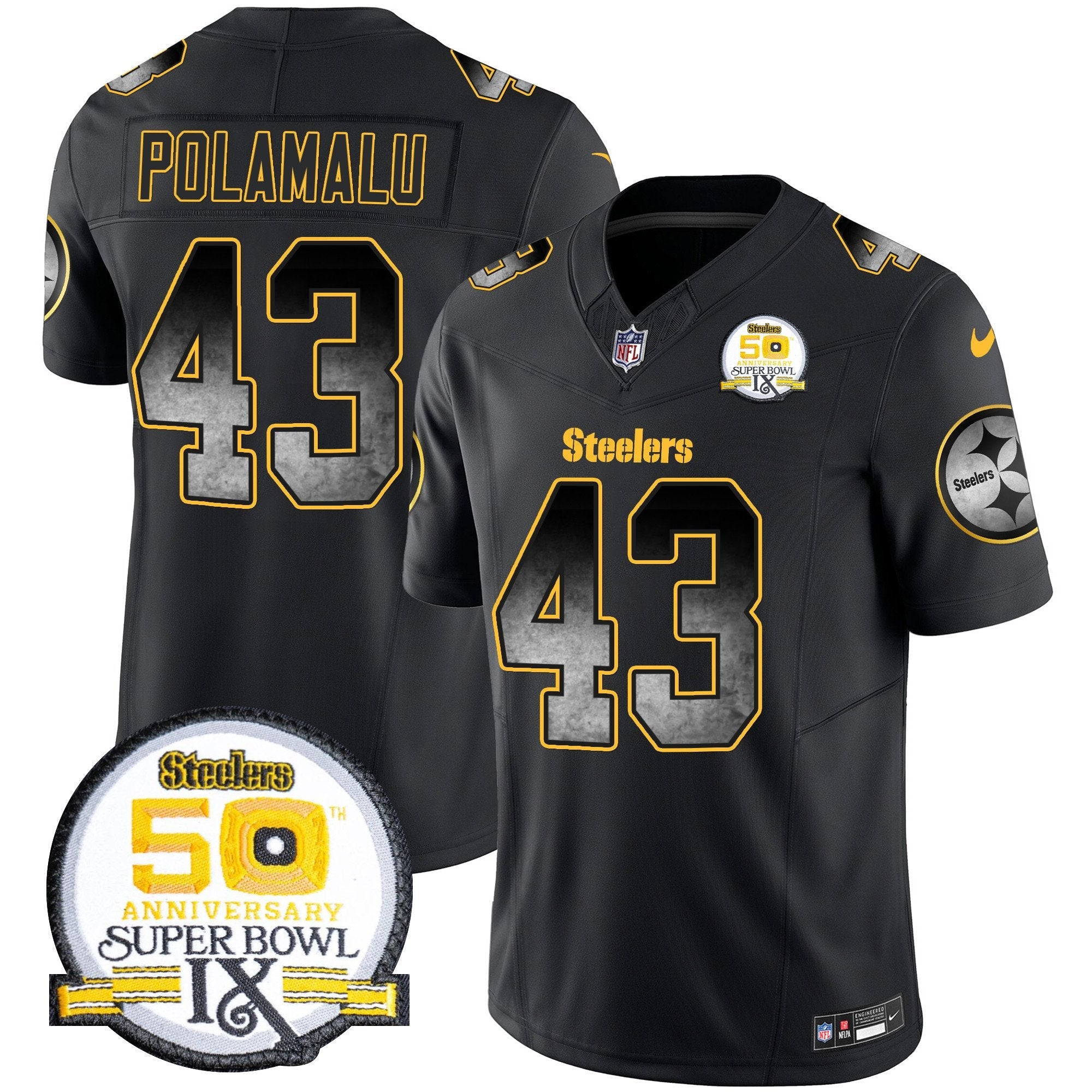 Steelers Arch Smoke 50th Anniversary Of Super Bowl IX Patch Vapor Limited Jersey – All Stitched – Black – Troy Polamalu Jersey