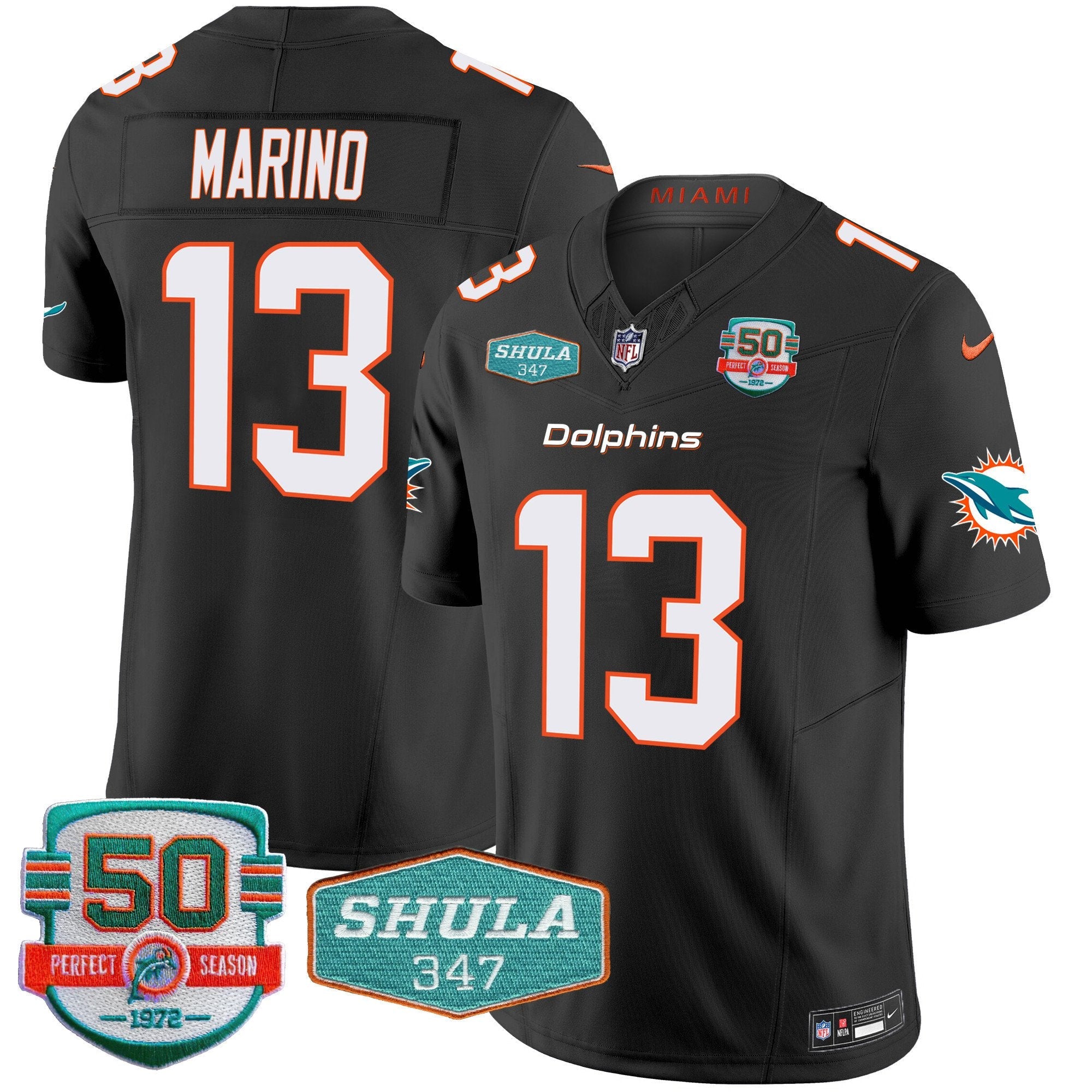 Dolphins Shula 347 Patch Vapor Limited Jersey V2 – All Stitched – Black – Dan Marino Jersey