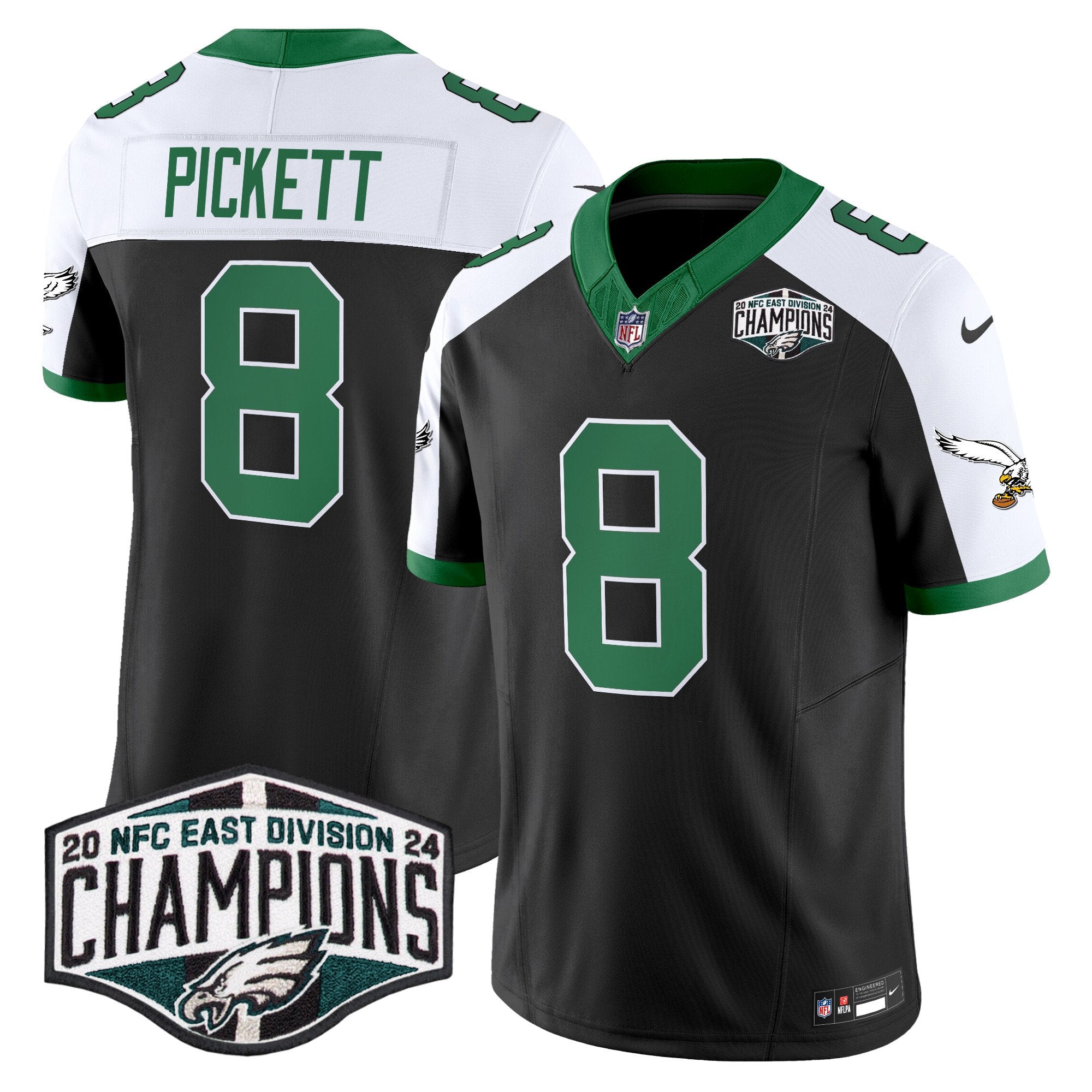 Philadelphia Eagles Kelly Green 2024 NFC East Division Champions Vapor Limited Jersey V2 – All Stitched – Black Alternate – Kenny Pickett Jersey