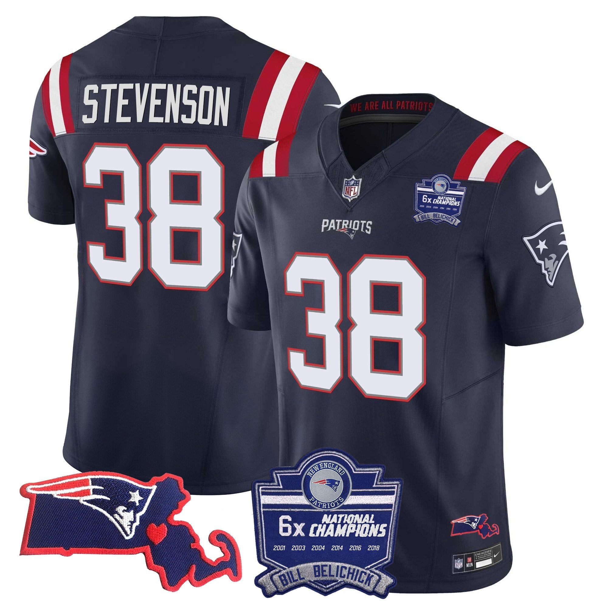 Patriots Bill Belichick 6x Champions Patch Vapor Jersey – All Stitched – Navy – Rhamondre Stevenson Jersey