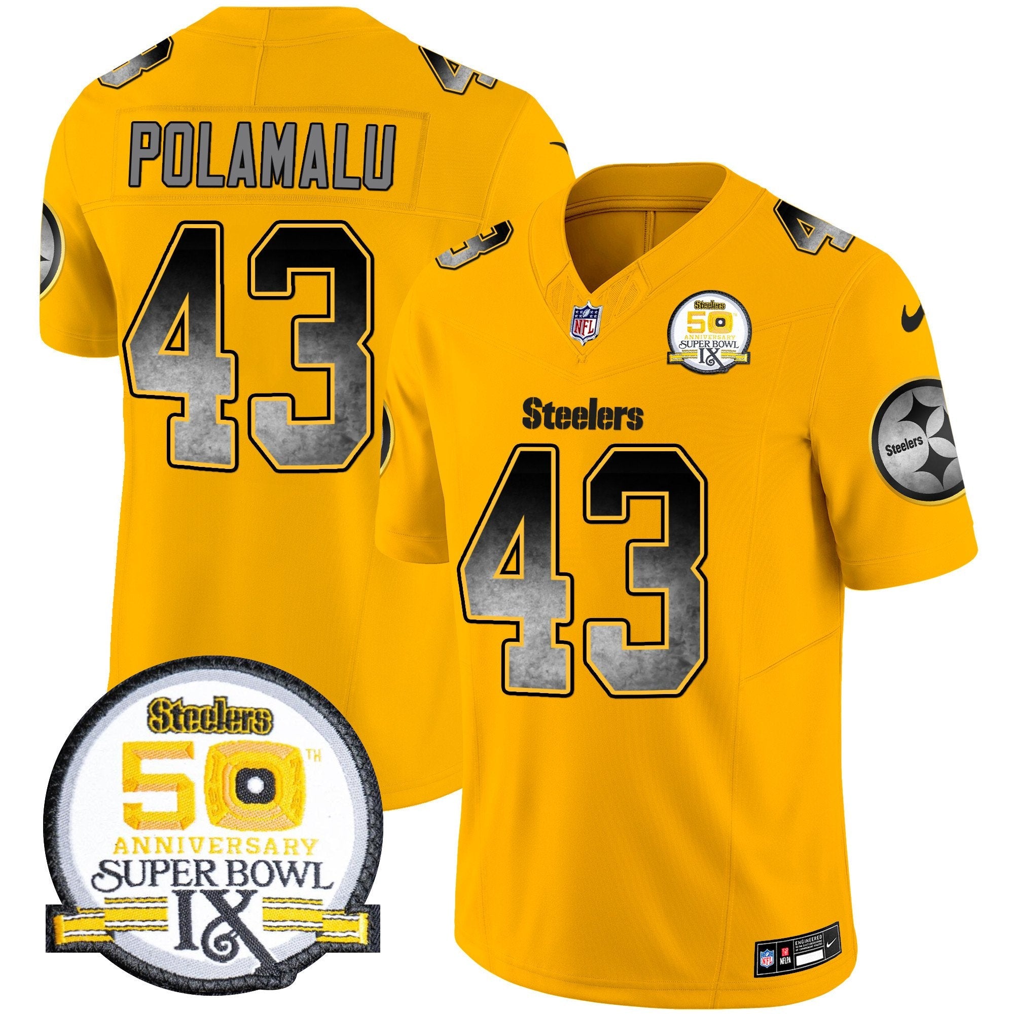 Steelers Arch Smoke 50th Anniversary Of Super Bowl IX Patch Vapor Limited Jersey – All Stitched – Gold – Troy Polamalu Jersey