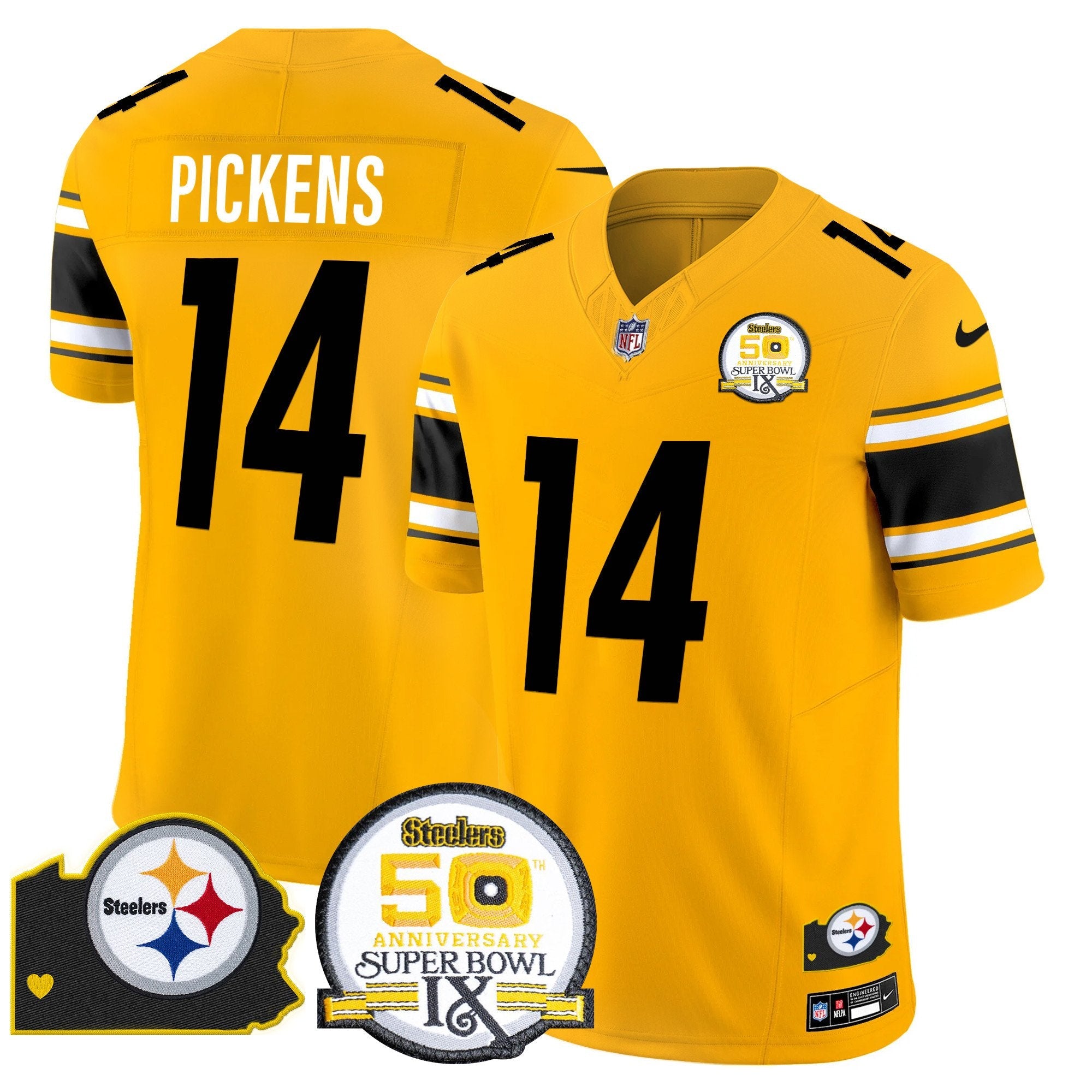 Steelers 50th Anniversary Of Super Bowl IX & Map Patch Vapor Limited Jersey – All Stitched – Gold – George Pickens Jersey