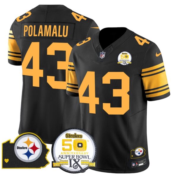 Steelers 50th Anniversary Of Super Bowl IX & Map Patch Vapor Limited Jersey – All Stitched – Color Rush – Troy Polamalu Jersey