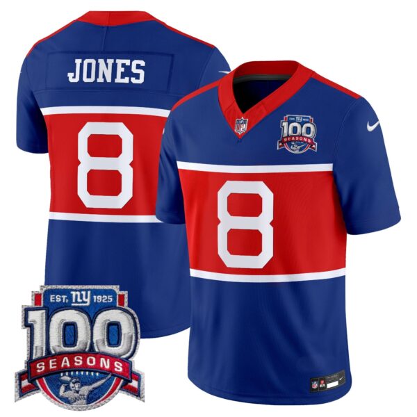 New York Giants ‘Century Red’ 100th Season Commemorative Vapor Jersey – All Stitched – Royal – Daniel Jones Jersey