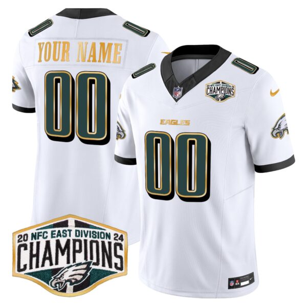 Eagles 2024 NFC East Division Champions Gold Trim Vapor Limited Custom Jersey – All Stitched – White Jersey