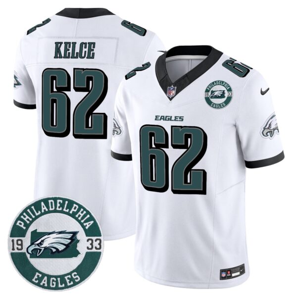 Eagles 2024 Vapor Limited Jersey – Est. 1933 Patch – All Stitched – White – Jason Kelce Jersey