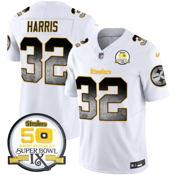 Steelers Arch Smoke 50th Anniversary Of Super Bowl IX Patch Vapor Limited Jersey – All Stitched – White – Franco Harris Jersey