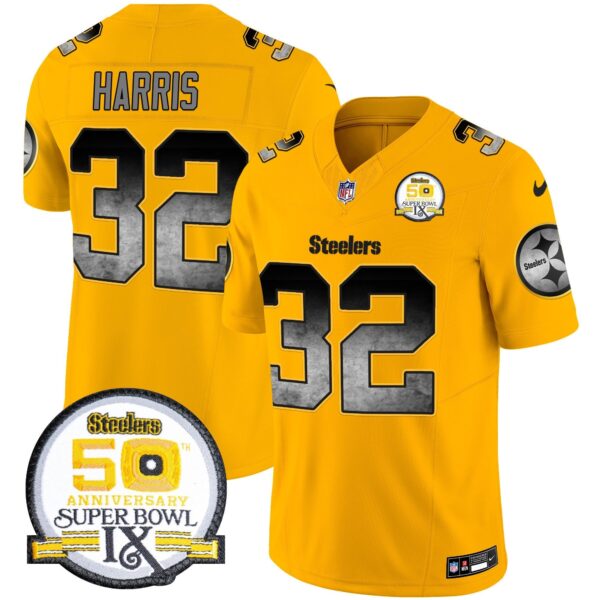 Steelers Arch Smoke 50th Anniversary Of Super Bowl IX Patch Vapor Limited Jersey – All Stitched – Gold – Franco Harris Jersey
