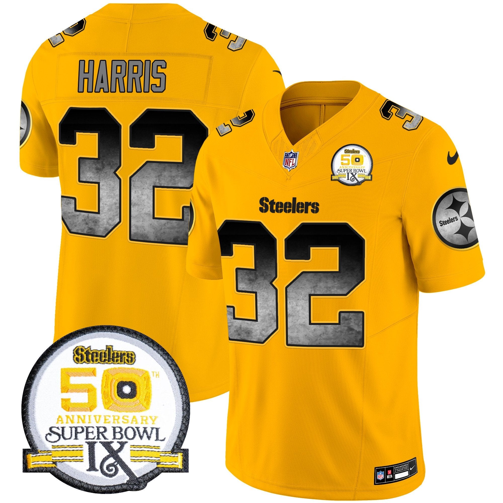 Steelers Arch Smoke 50th Anniversary Of Super Bowl IX Patch Vapor Limited Jersey – All Stitched – Gold – Franco Harris Jersey