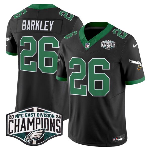 Philadelphia Eagles Kelly Green 2024 NFC East Division Champions Vapor Limited Jersey V2 – All Stitched – Black – Saquon Barkley Jersey