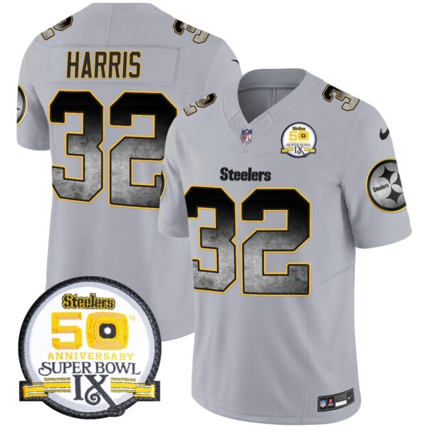 Steelers Arch Smoke 50th Anniversary Of Super Bowl IX Patch Vapor Limited Jersey – All Stitched – Gray – Franco Harris Jersey