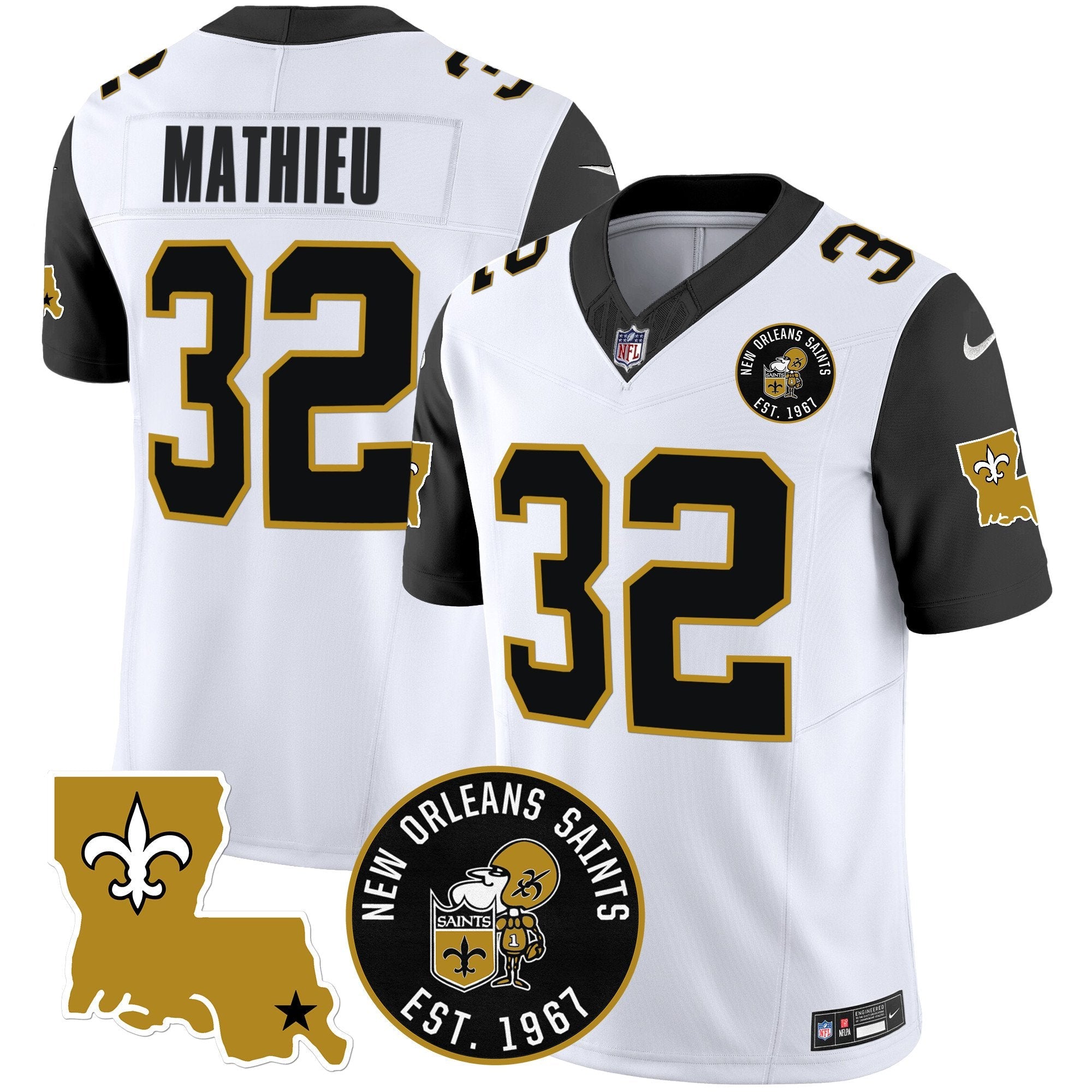 Saints EST. 1967 Patch Vapor Jersey – All Stitched – Black Sleeves – Tyrann Mathieu Jersey