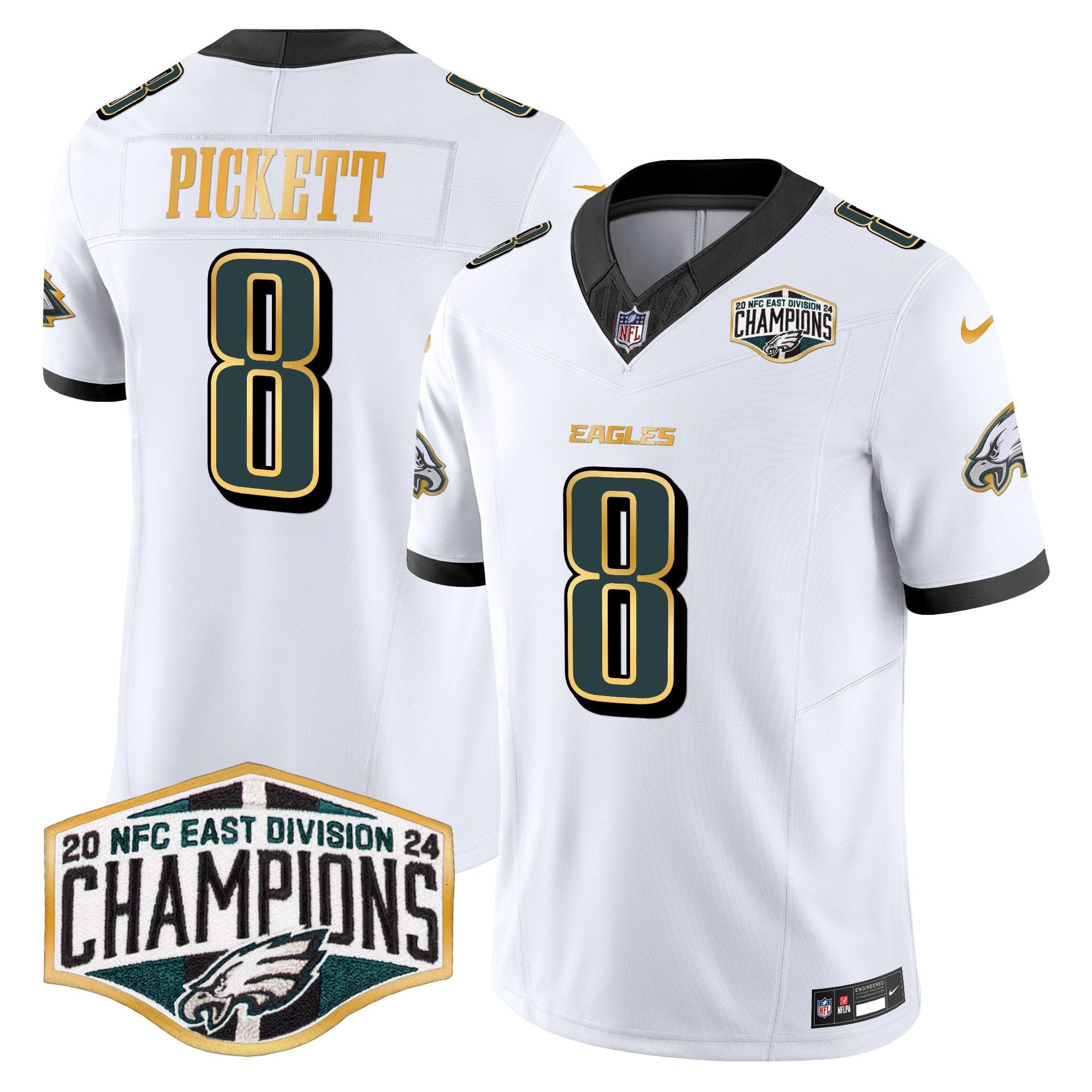 Eagles 2024 NFC East Division Champions Gold Trim Vapor Limited Jersey – All Stitched – White – Kenny Pickett Jersey