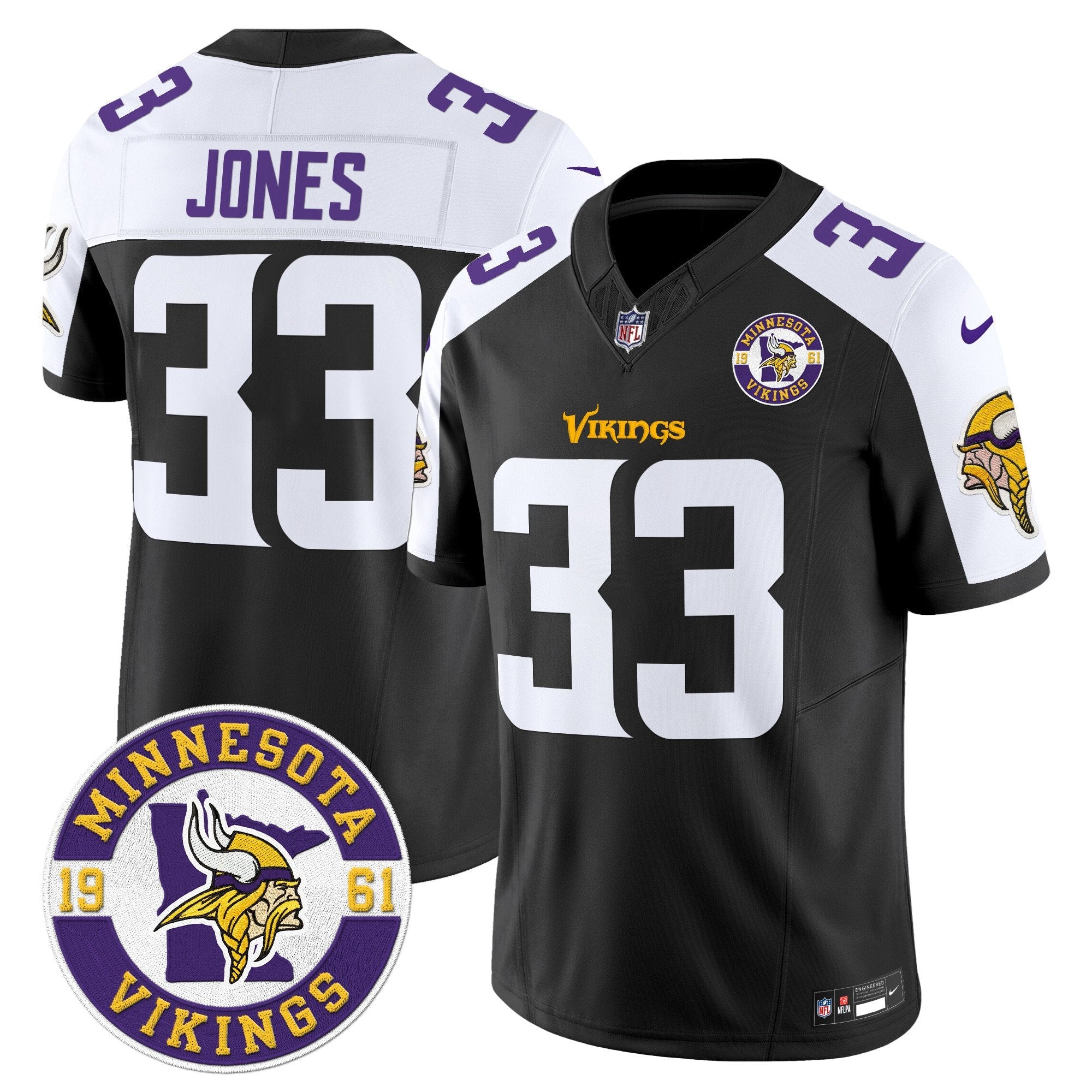 Minnesota Vikings 2024 Vapor Limited Jersey V2 – Est. 1961 Patch – All Stitched – Black Alternate – Aaron Jones Jersey