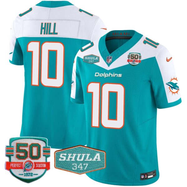 Dolphins Shula 347 Patch Vapor Limited Jersey V2 – All Stitched – Aqua Alternate – Tyreek Hill Jersey