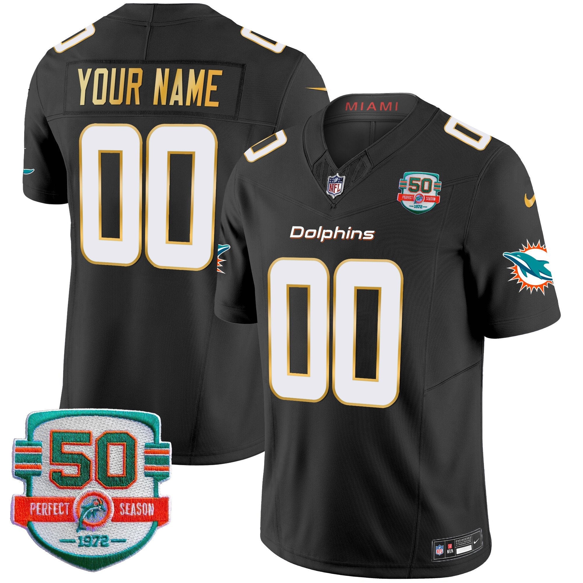 Dolphins Gold Trim Vapor Limited Custom Jersey – All Stitched – Black Jersey
