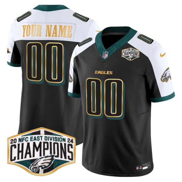 Eagles 2024 NFC East Division Champions Gold Trim Vapor Limited Custom Jersey – All Stitched – Black Alternate Jersey