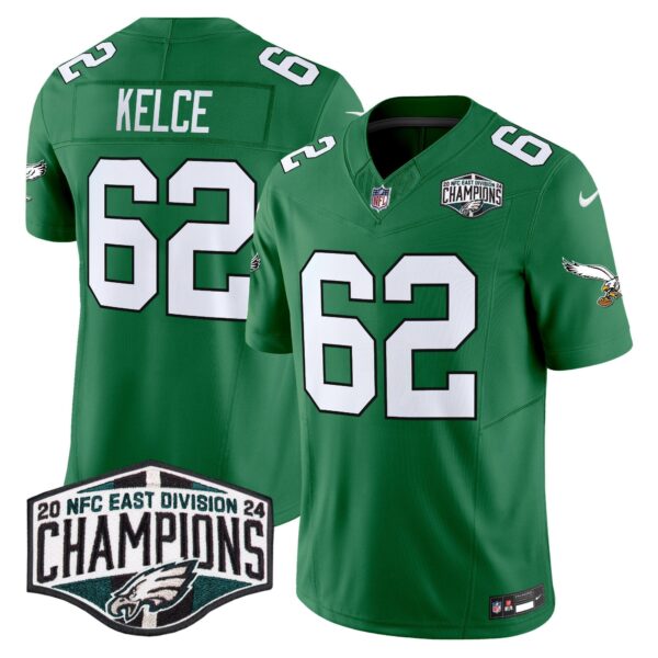 Philadelphia Eagles Kelly Green 2024 NFC East Division Champions Vapor Limited Jersey V2 – All Stitched – Kelly Green – Jason Kelce Jersey