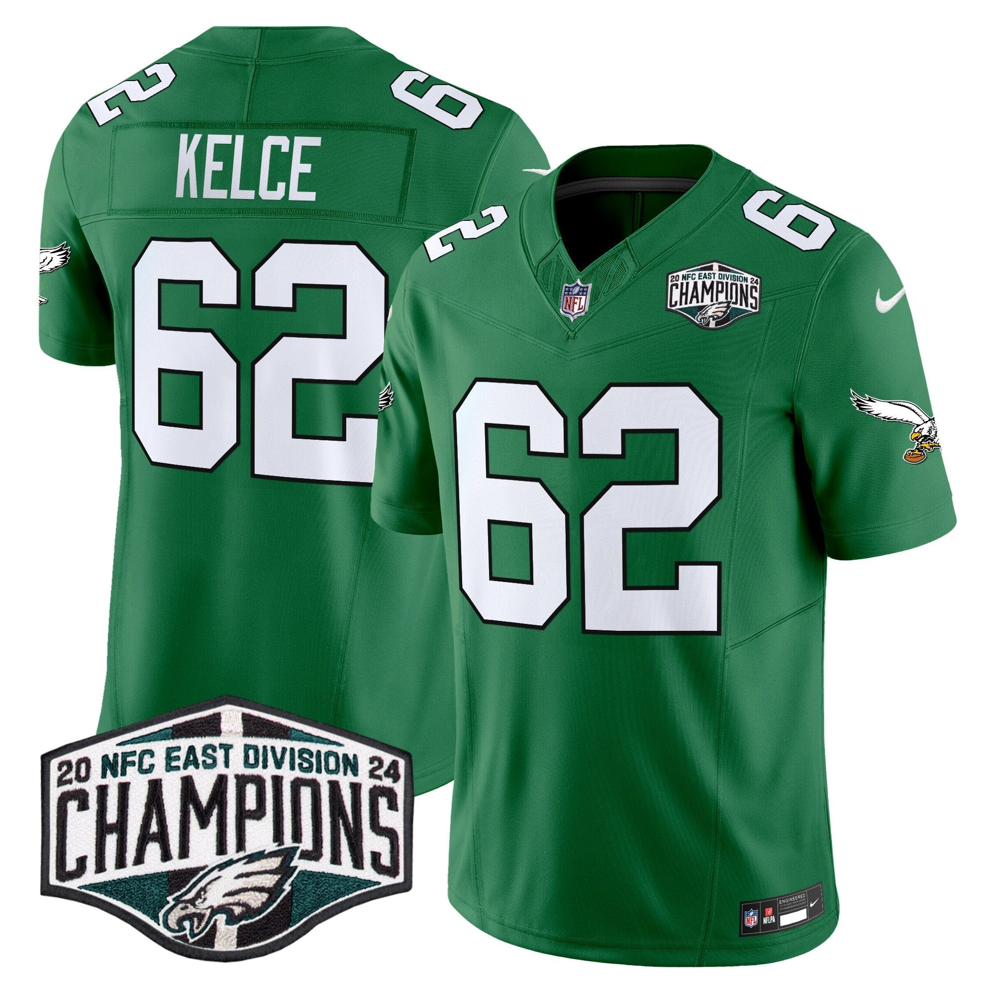 Philadelphia Eagles Kelly Green 2024 NFC East Division Champions Vapor Limited Jersey V2 – All Stitched – Kelly Green – Jason Kelce Jersey
