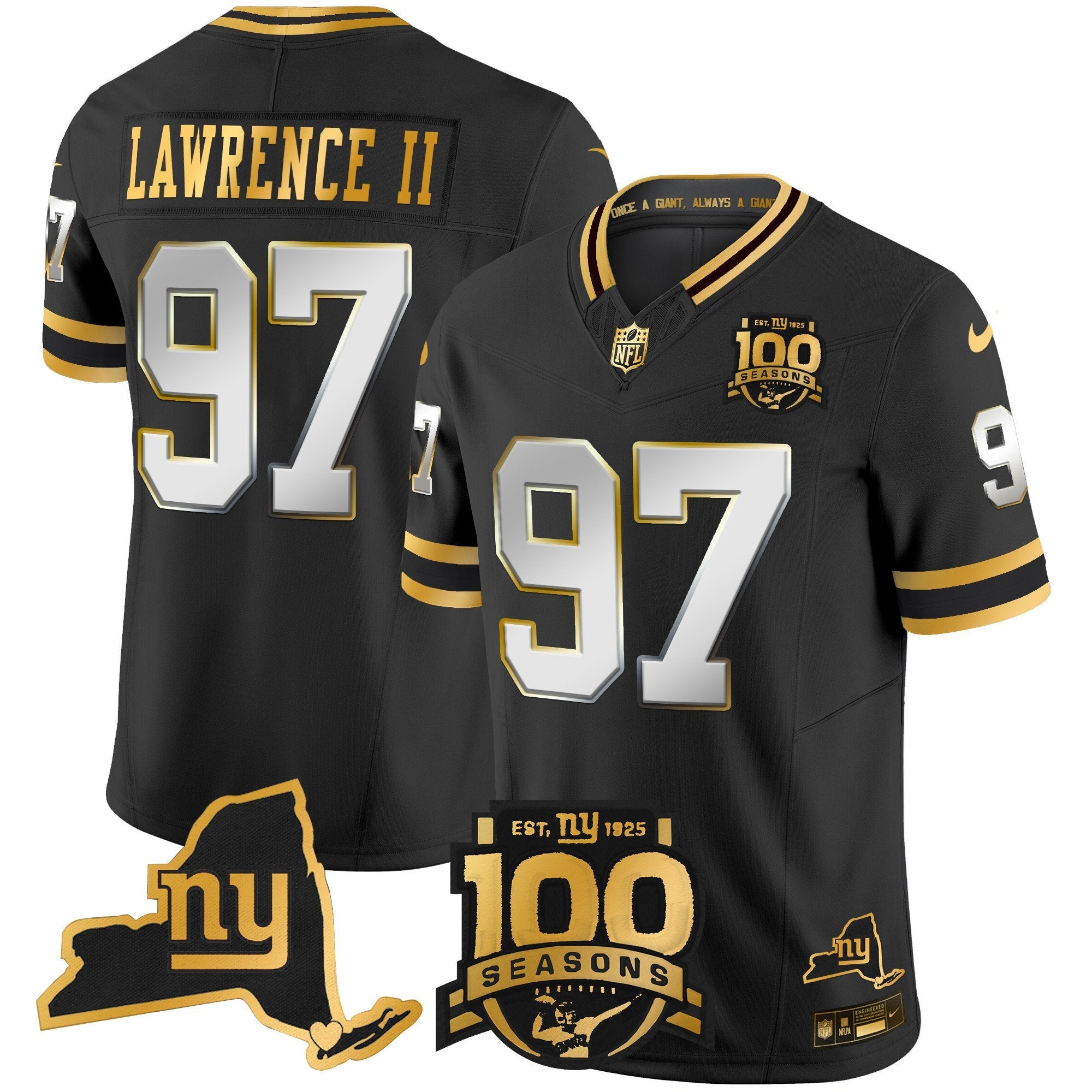 New York Giants 100th Season & State Patch Gold Vapor Limited Jersey – All Stitched – Black Limited – Dexter Lawrence II Jersey