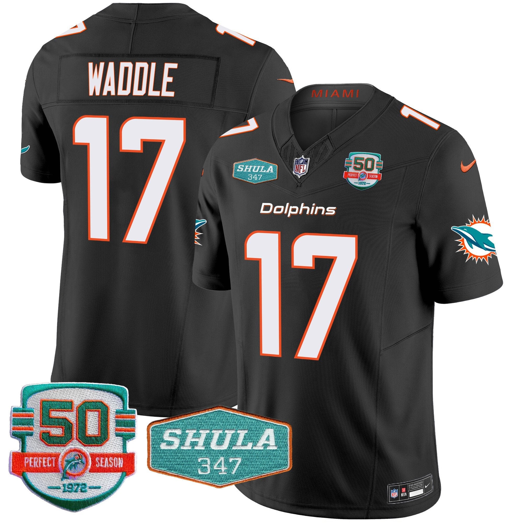 Dolphins Shula 347 Patch Vapor Limited Jersey V2 – All Stitched – Black – Jaylen Waddle Jersey