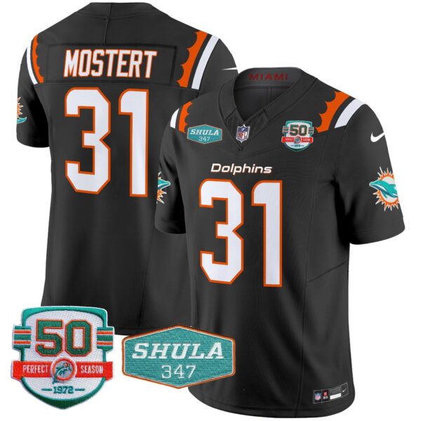 Dolphins 50th & Don Shula 347 Memorial Patch Vapor Limited Jersey – All Stitched – Black – Raheem Mostert Jersey