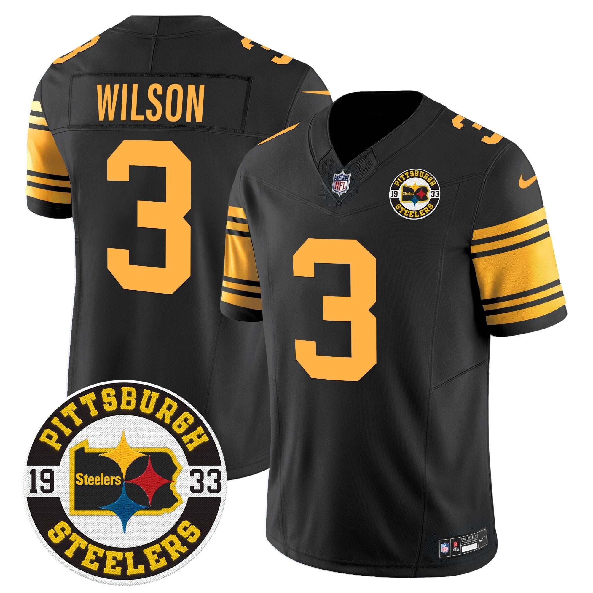 Steelers 2024 Vapor Limited Jersey – Est 1933 Patch – All Stitched – Color Rush – Russell Wilson Jersey