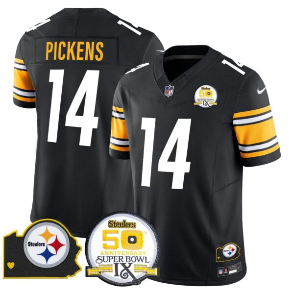 Steelers 50th Anniversary Of Super Bowl IX & Map Patch Vapor Limited Jersey – All Stitched – Black – George Pickens Jersey