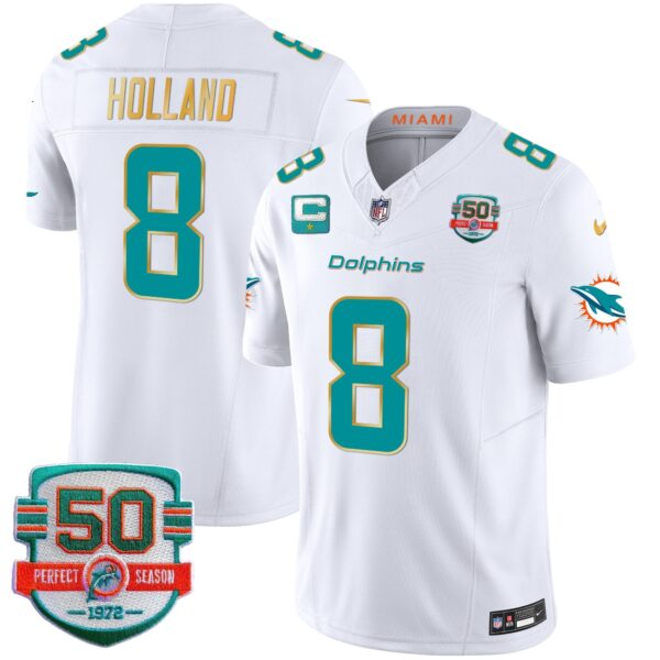 Dolphins Gold Trim Vapor Limited Jersey – All Stitched – White – Jevon Holland Jersey