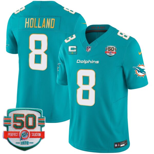 Dolphins Gold Trim Vapor Limited Jersey – All Stitched – Aqua – Jevon Holland Jersey
