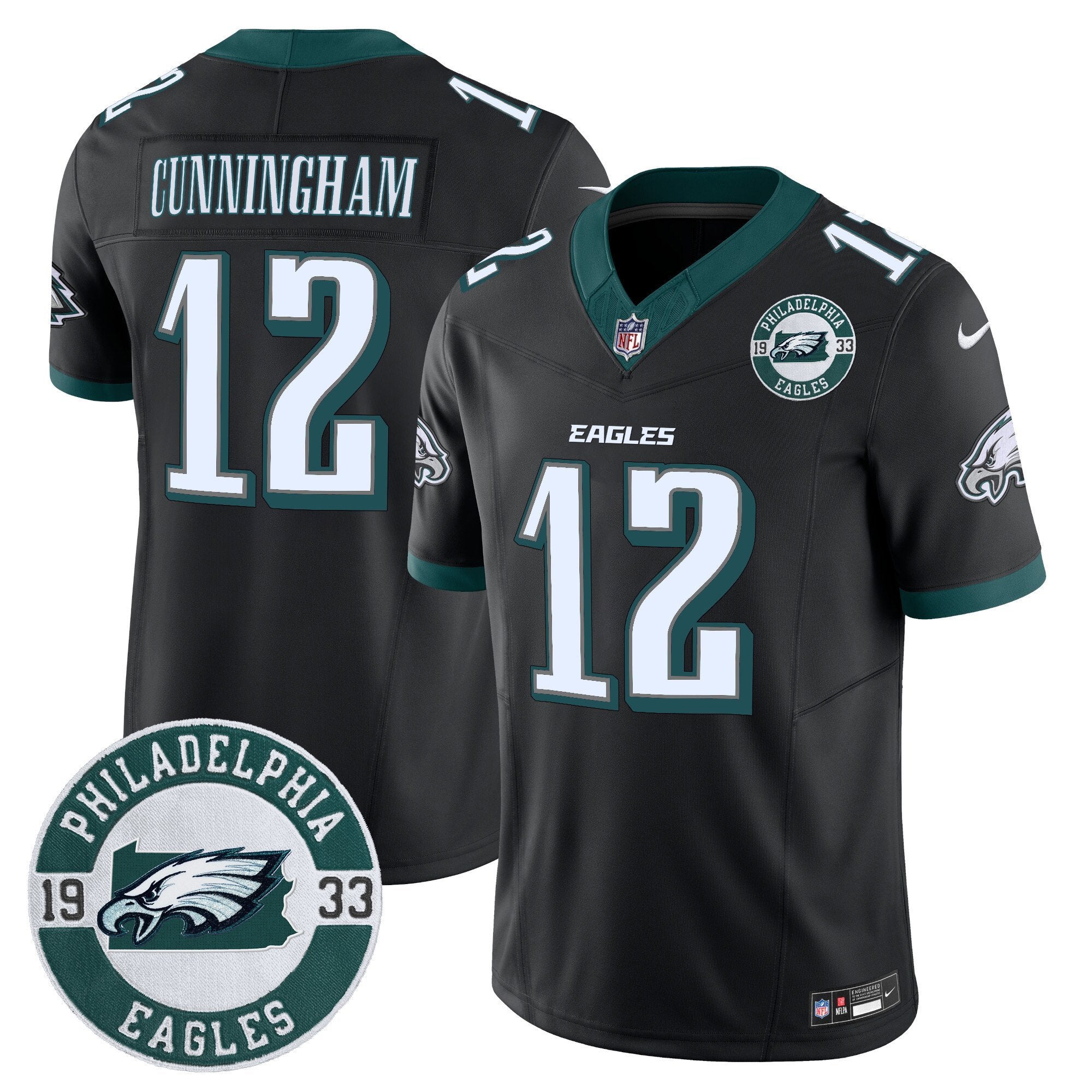 Eagles 2024 Vapor Limited Jersey – Est. 1933 Patch – All Stitched – Black – Randall Cunningham Jersey