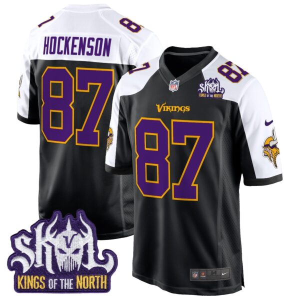 Minnesota Vikings King Of The North Patch Throwback Game Jersey – All Stitched – Black Alternate – T.J. Hockenson Jersey