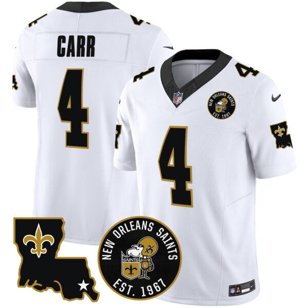 Saints EST. 1967 Patch Vapor Jersey – All Stitched – White – Derek Carr Jersey