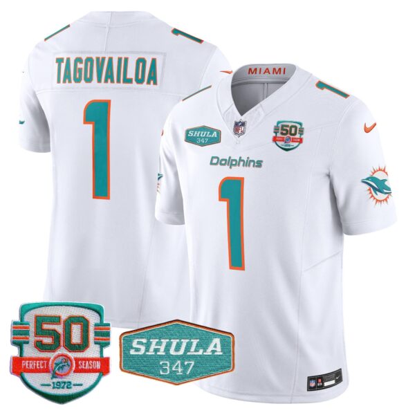 Dolphins Shula 347 Patch Vapor Limited Jersey V2 – All Stitched – White – Tua Tagovailoa Jersey