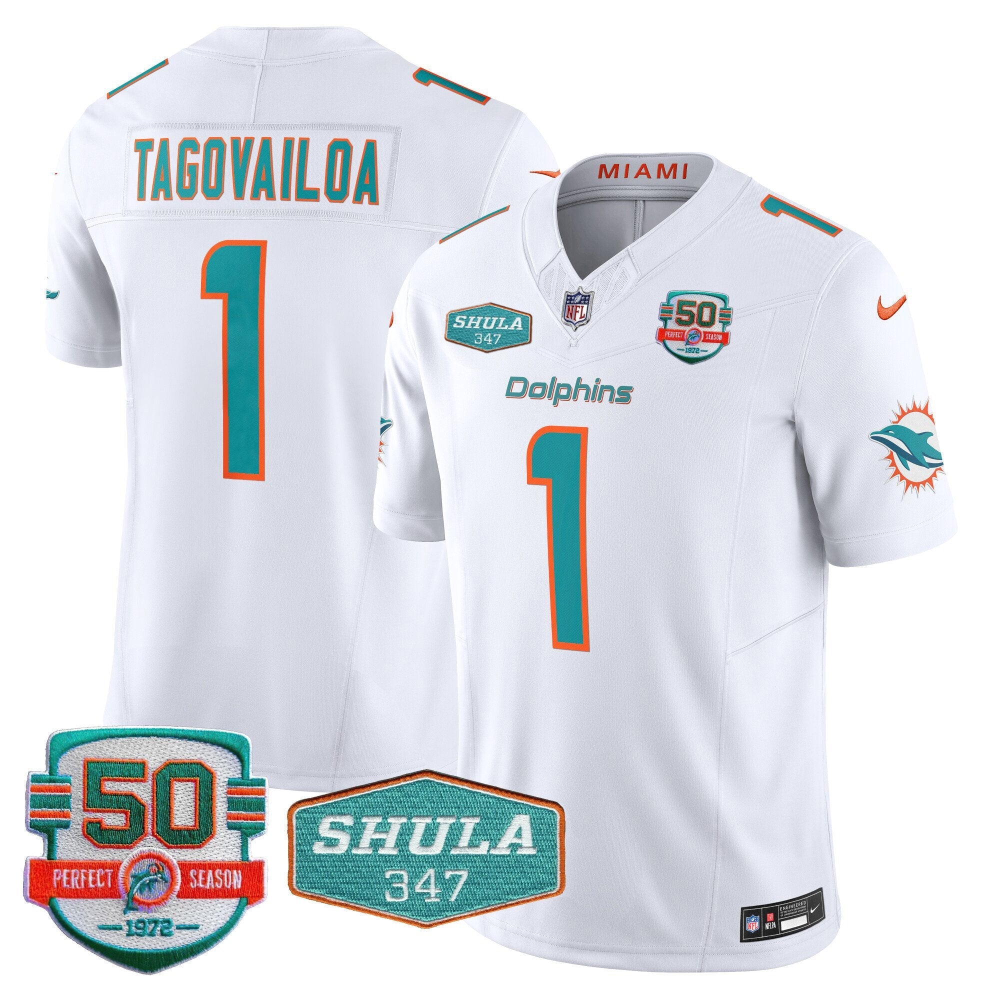 Dolphins Shula 347 Patch Vapor Limited Jersey V2 – All Stitched – White – Tua Tagovailoa Jersey
