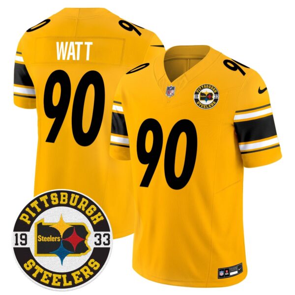 Steelers 2024 Vapor Limited Jersey – Est 1933 Patch – All Stitched – Gold – T. J. Watt Jersey