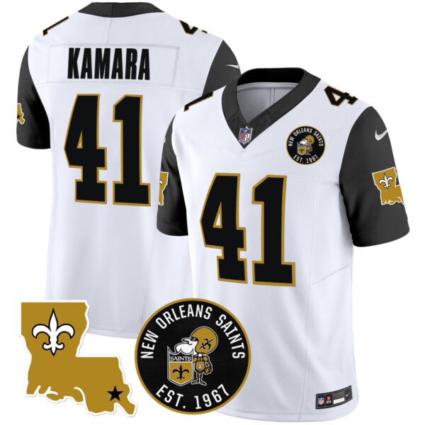 Saints EST. 1967 Patch Vapor Jersey – All Stitched – Black Sleeves – Alvin Kamara Jersey