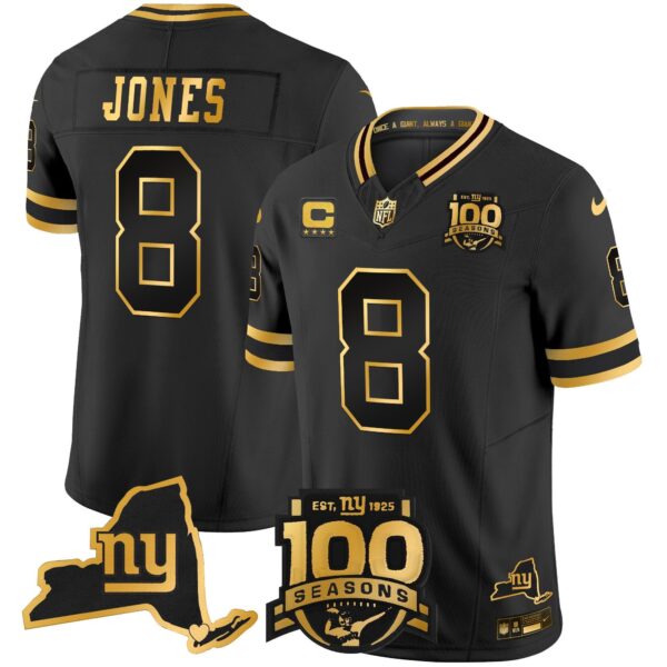 New York Giants 100th Season & State Patch Gold Vapor Limited Jersey – All Stitched – Black Gold – Daniel Jones Jersey