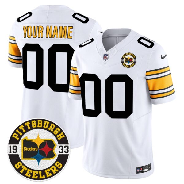Steelers 2024 Vapor Limited Custom Jersey – Est 1933 Patch – All Stitched – 1975 White Jersey