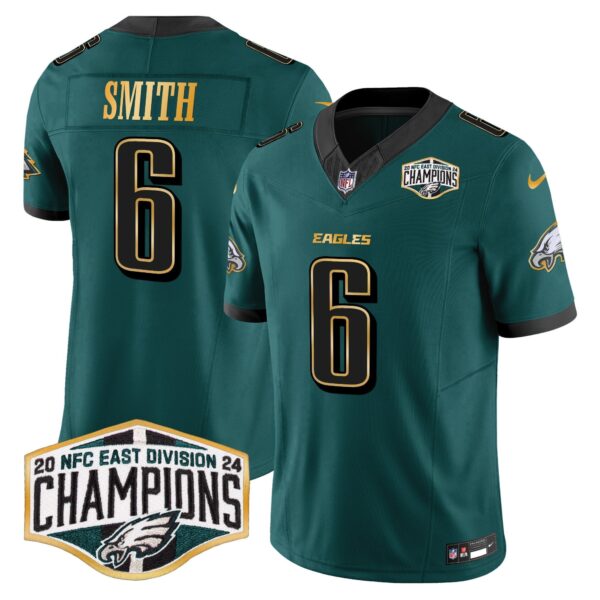 Eagles 2024 NFC East Division Champions Gold Trim Vapor Limited Jersey – All Stitched – Midnight Green – DeVonta Smith Jersey