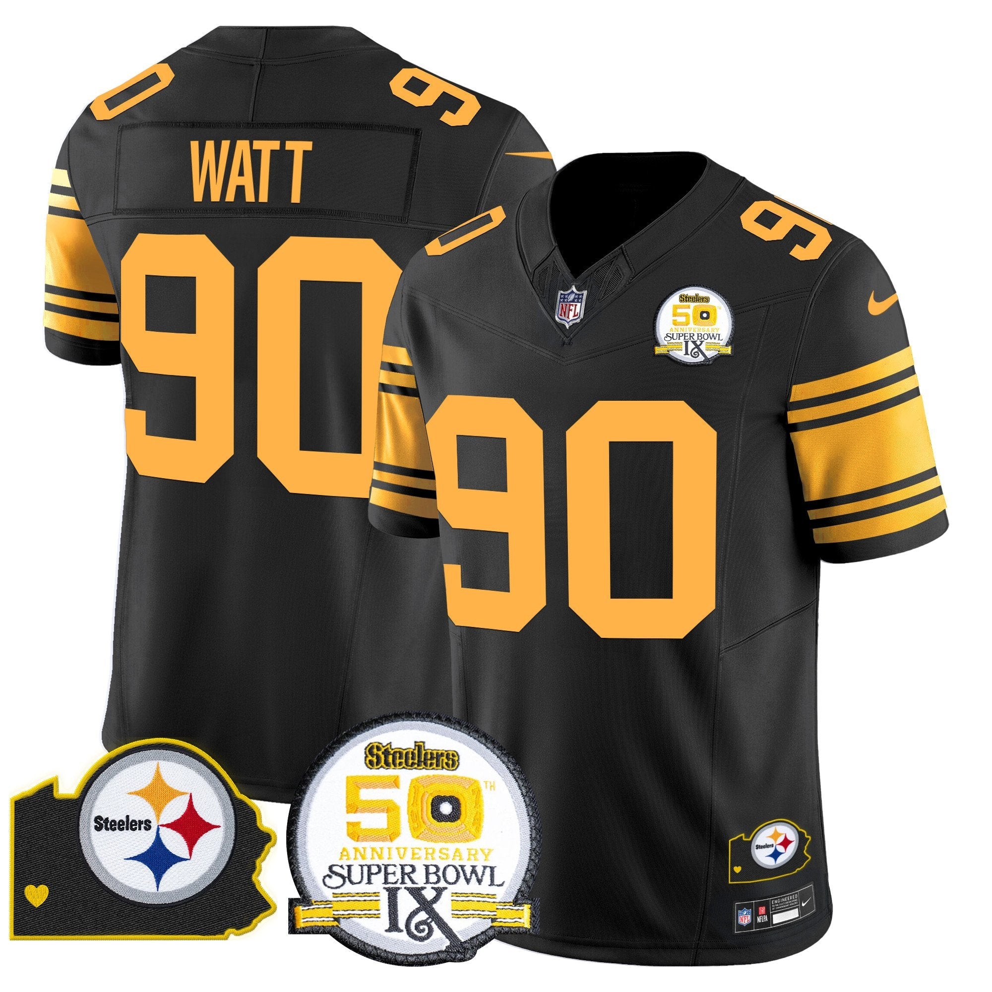 Steelers 50th Anniversary Of Super Bowl IX & Map Patch Vapor Limited Jersey – All Stitched – Color Rush – T. J. Watt Jersey