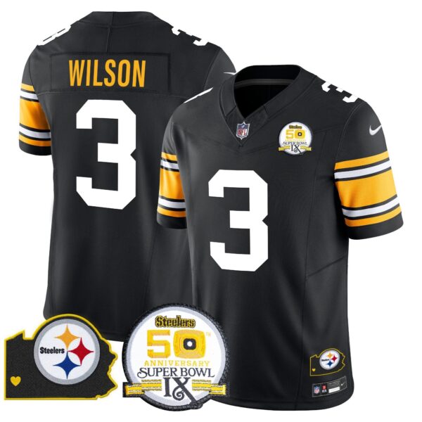 Steelers 50th Anniversary Of Super Bowl IX & Map Patch Vapor Limited Jersey – All Stitched – 1975 Throwback – Russell Wilson Jersey