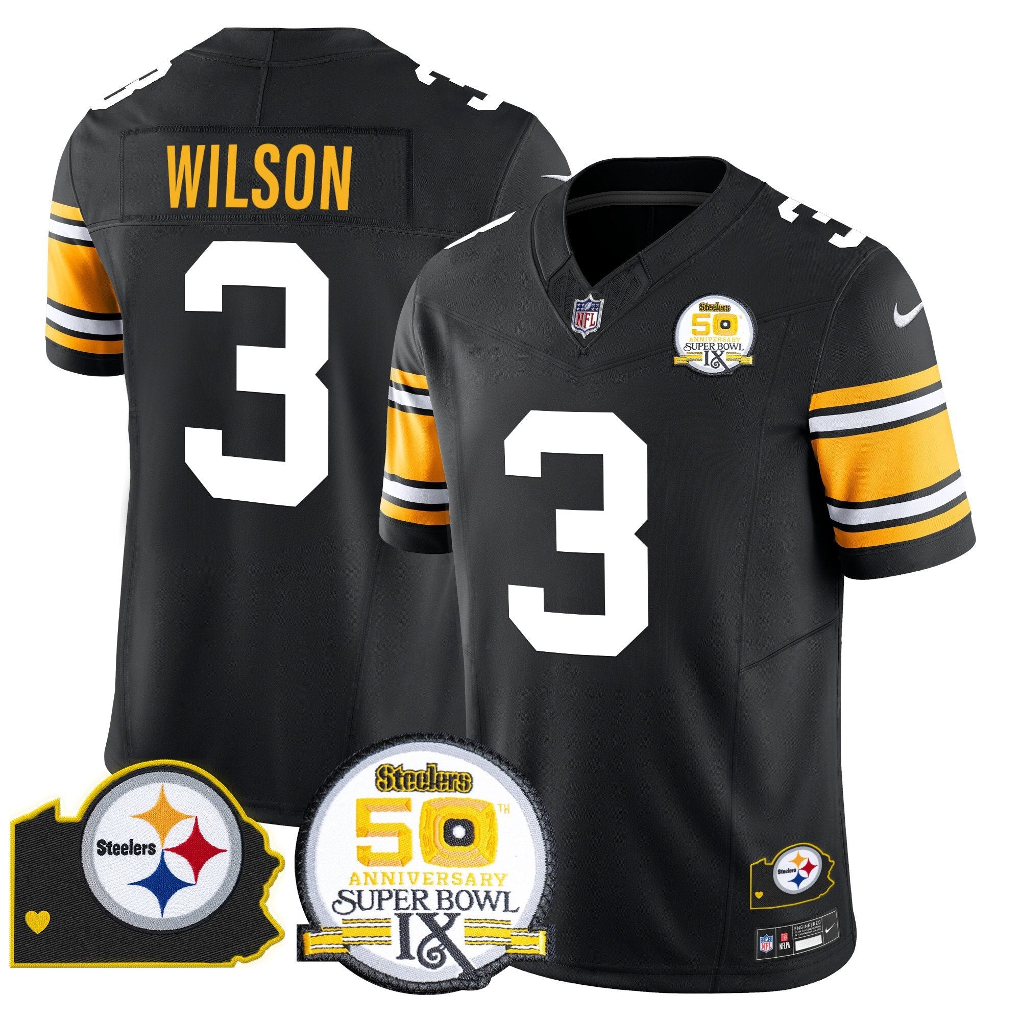 Steelers 50th Anniversary Of Super Bowl IX & Map Patch Vapor Limited Jersey – All Stitched – 1975 Throwback – Russell Wilson Jersey