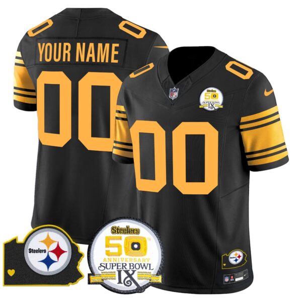 Steelers 50th Anniversary Of Super Bowl IX & Map Patch Vapor Limited Custom Jersey – All Stitched – Color Rush Jersey